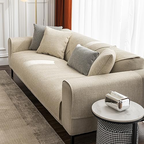 vctops Rustic Linen Textured Couch Sofa Cover Solid Color Non Slip Sectional Couch Covers Soft Sofa Slipcover for Dogs, Children, Pets Furniture Protector (Beige,28"x28")