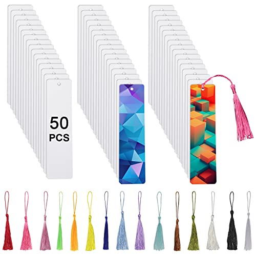 50 Pcs Sublimation Bookmark Blank Heat Transfer Aluminum Metal Bookmarks Bulk DIY Bookmarks with Hole and Colorful Tassels for Crafts Personalized Tassels Blank Bookmarks