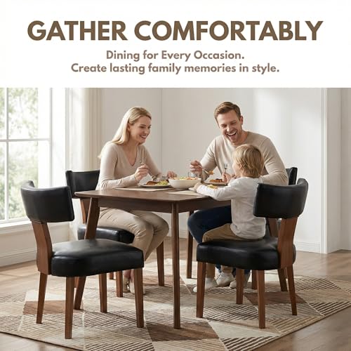 Image of HNY Century Modern Dining Chairs Set of 6, Farmhouse PU Leather Upholstered Accent Chair Curved Backrest Kitchen Chairs, with Hardwood Frame, Black 6PC