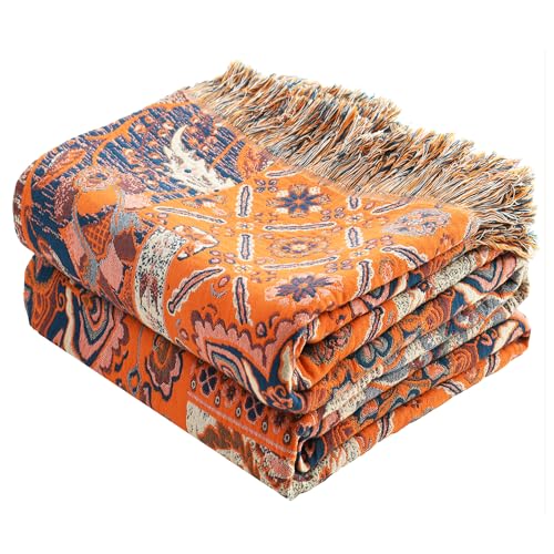 Image of VANJOROY Boho Throw Blanket for Bed Couch 50 inch x 60 inch, 100% Organic Cotton Skin-Friendly Ultra Soft Quilt Orange Throw - Floral Rustic Room Decor Luxury Reversible Blanket for Sofa Chair and Gift