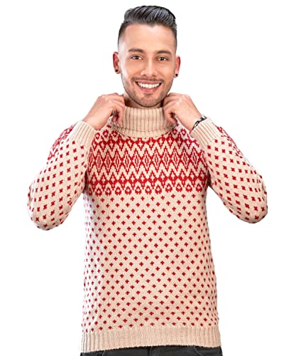 Men’s Turtleneck Sweater for Christmas Season – Winter Jumper in Red and Beige Alpaca Wool2