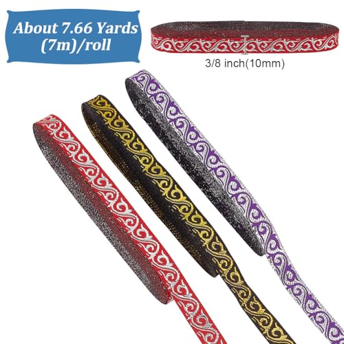 HOBBIESAY 3 Colors 0.4 inch Wide Embroidery Jacquard Trim Black Polyester Floral Ribbon Boho Woven Trim Ethnic Style Embroidery Ribbons for DIY Craft Garment Accessories,7.66 Yards/Color - Image 2