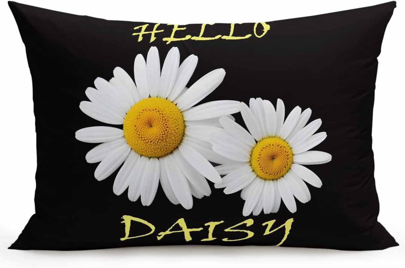 Outdoor Pillows Waterproof, White Daisy Bedding Throw Pillows with Insert for Couch Sofa Bed, Spring Hello Daisy Floral Black 12x20 Inch Pillowcases Decorative Camping Patio Pillow Set of 1