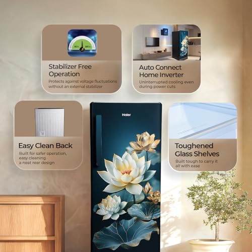 Image of Haier 190 L 5 Star Direct Cool Inverter Single Door Refrigerator with Fast Ice Making, Easy Clean Back, Large Vegetable Box (HED-205TGCBA-N, Green Camellia, Base Stand Drawer, 2026 Model)