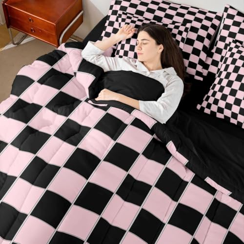 Image of Erosebridal Plaid King Comforter Set with Sheets 7 Piece Pink Black Checkerboard Bed in A Bag Geometric Checkered Bedding Sets for Kids Adults,Aesthetic Grids Bed Set