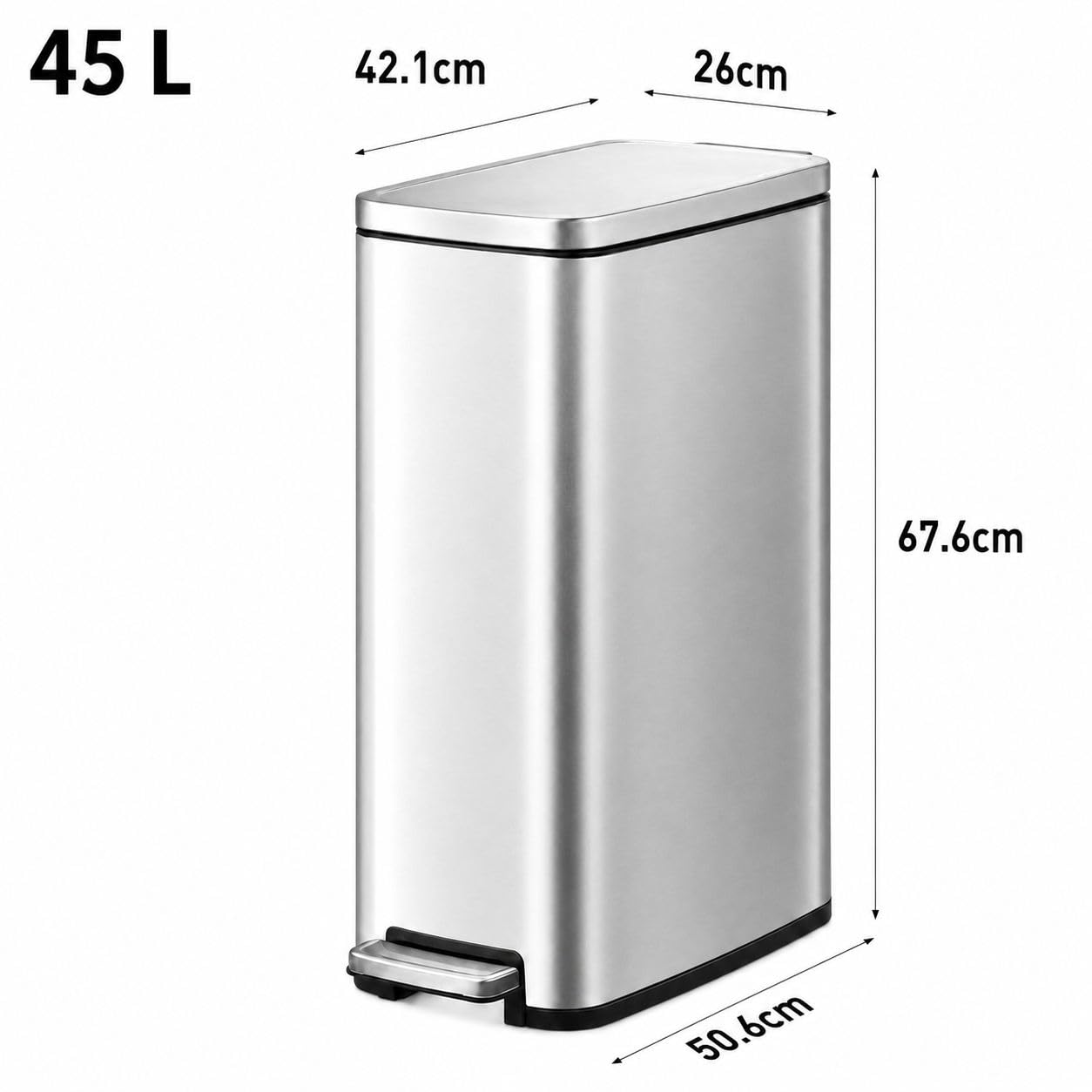 EKO Stella Slim Cubo de Basura con Pedal 45 L, Acero Inoxidable | Plata