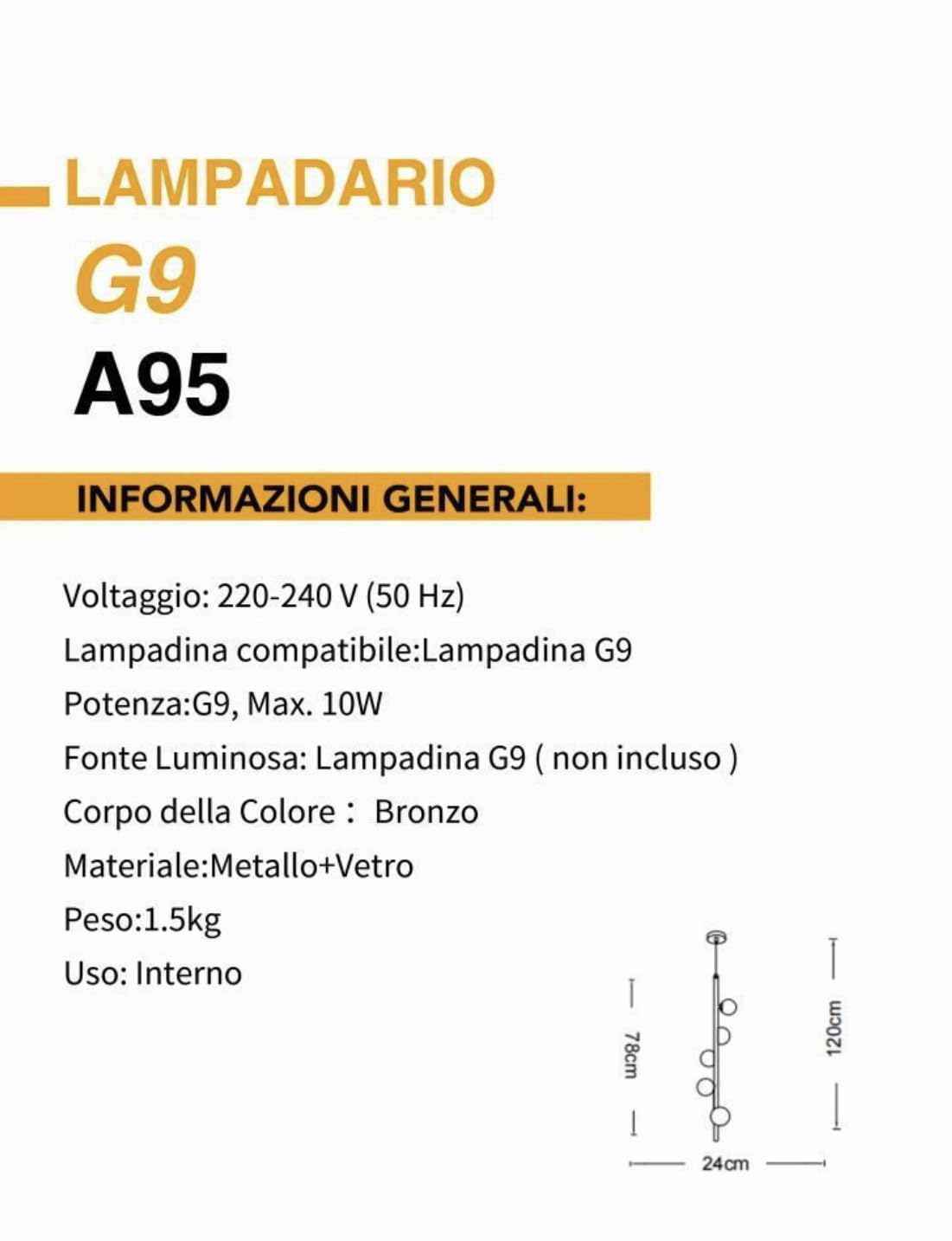 Lampadario Moderno a 5 Luci G9, Lampada da Soffitto in Metallo e Vetro, Design in Bronzo, Ø24 cm Altezza 100 cm, Attacco G9 Max 10W, Illuminazione Interni per Soggiorno Cucina Camera – A95