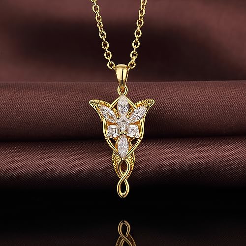 JiayangJY 18K White Gold Plated Arwen Evenstar Necklace, Lord of The Ring Hobbit Pendant Necklace with 5A Cubic Zirconia Elvish Jewelry3