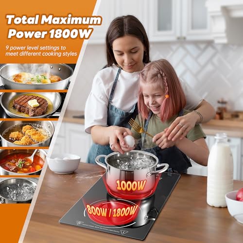 Image of 2 Burners Electric Cooktop, 110V Plug in Ceramic Cooktop, 12 Inch Countertop & Built-in Electric Stove Top with Dual-Ring Design, 9-Level Adjustment, Child Safety Lock, Timer, Overheat Protection