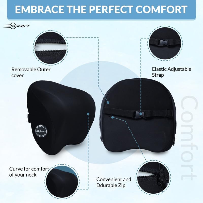 Image of Neodrift CurveNeck Pro Set of 2 Black Velvet Memory Foam Orthopedic Neck Rest Cushion Pillow for Neck Head Shoulder Support Pain Relief Car Headrest