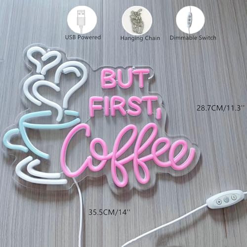 Image of But First Coffee Neon Sign Large 5V USB Powered Acrylic Neon Lights with Dimmable Switch and Hanging Chain for Coffee Cafe Bar Party Living Room Sign Gifts 14 * 11.3inch(Pink)