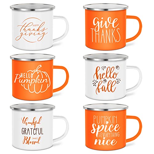 Fall Coffee Mugs 12 oz Thanksgiving Enamel Mug Autumn Coffee Mug Outdoor Camper Mug Hello Fall Pumpkin Spice Give Thanks Sign Camping Tea Cup Decor for Christmas Halloween Party Campfire(6 Pcs)