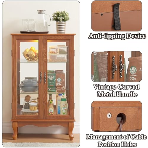 Image of 43 inch H Lighted Curio Cabinet Display Case with Light Bulb, Glass Curio Cabinet with Adjustable Shelves & Tempered Glass Door, Wooden Cabinets w /Mirrored Back Pane for Living Room(Oak)