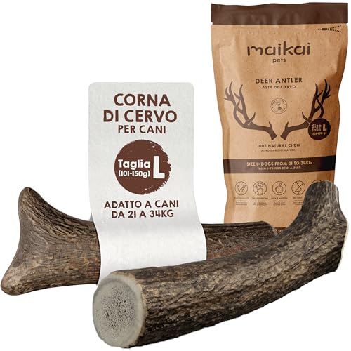 MAIKAI Confezione da 2 Corna di Cervo per Cani Grandi L - Masticativo Naturale Senza Punta – Osso Sicuro Antitartaro – Giocattolo Antistress Resistente – Snack Lungo Durata - Regali