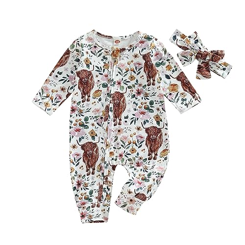 Image of SAYOO Western Baby Cowboy Clothes Neutral Zipped Fall Romper Outfit for Boy Girl Infant Lapel Cow Print One-piece Jumpsuit