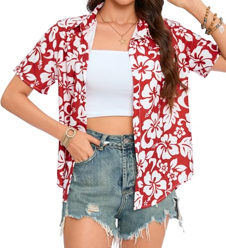 Hawaiian Shirts for Women:Aloha Shirt Summer Beach Button Up Floral Blouses Short Sleeve Hawaii Tropical Outfits Tops2