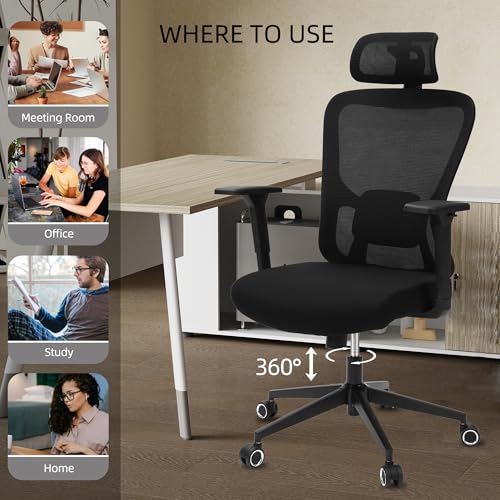 Image of Monhey Black Office Chair, Ergonomic Office Chair, Home Office Desk Chair for Big and Tall People, Computer Chair with Adjustable Headrest, Lumbar Support, Flip-Up Arms, PU Wheels (03black)