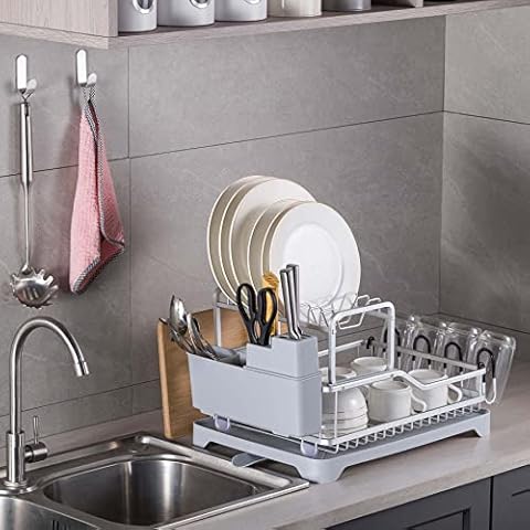 Yeelida Aluminium 2 Tier Silver Large Dish Rack for Kitchen Counter, One-Step Installation Automatic Dish Drainer with Cup Holder, Utensil Holder, Chopping Board Holder, Extra Two Hooks Cover