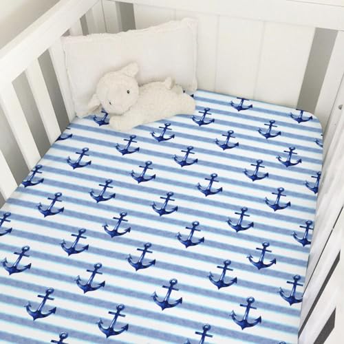 Image of Navy Nautical Life Baby Crib Sheets 52''x28'' Watercolor Anchors Stripes Snug Fitted Crib Mattress Sheet for Boy Girl Marine Ocean Soft Nursery Bed Sheets for Standard Crib and Toddler Mattresses