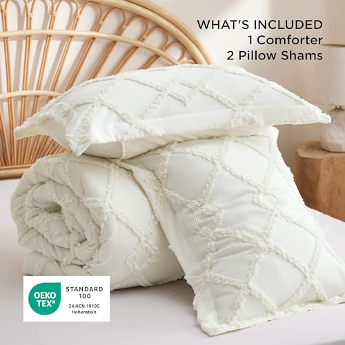 Image of Bedsure Boho Comforter Set Queen - Ivory Tufted Queen Size Comforter, 3 Pieces Farmhouse-Style Embroidery Bed Set, Soft Fluffy Geometric Pattern Bedding for All Seasons