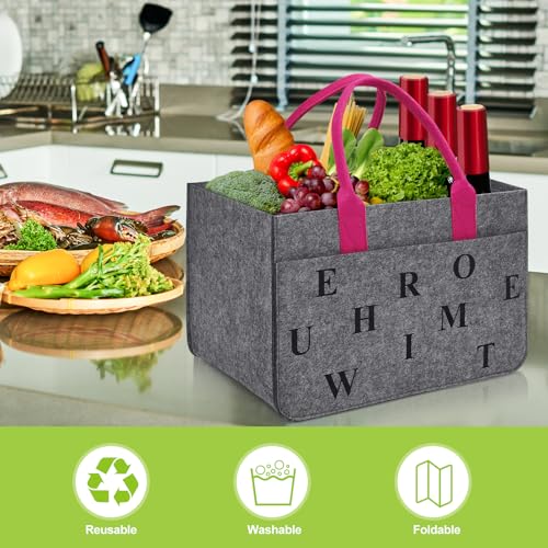 Eurhomewit Filz Einkaufskörbe Filztasche Einkaufstasche mit Fächern, Filztasche Groß 30L Faltbar Robust Flaschentasche Kaminholztasche Kleiderkorb Spielzeugtasche (Mittelgrau + Magenta/1 Stück)