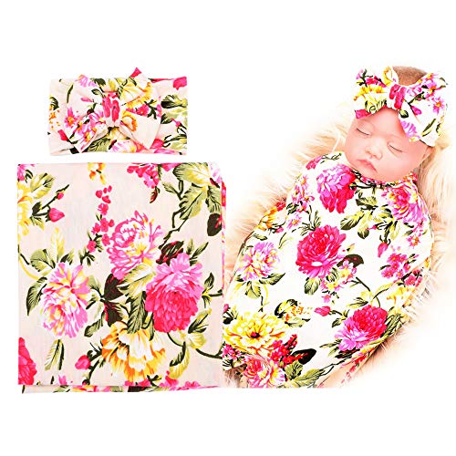 Image of DRESHOW BQUBO Receiving Blanket with Bow Headband 1 Pack Newborn Baby Floral Printed Baby Shower Swaddle Gift