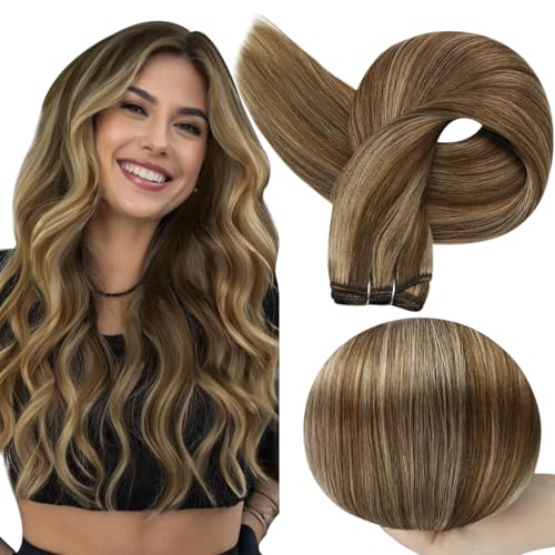 Image of Full Shine Weft Hair Extensions, Brown Sew In Extensions Remy Hair 16 Inch | 105G Sew In Remy Hair, Color Medium Brown Highlight Honey Blonde, Straight Hair Weft, Add Length And Volume, Office Styling