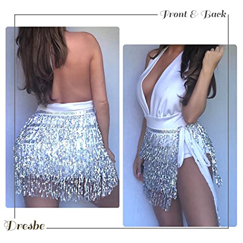 Dresbe Sequins Hip Skirt Belly Dance Scarf Tassel Waist Wrap Rave Costume For Women And Girls (Silver) #TOP2