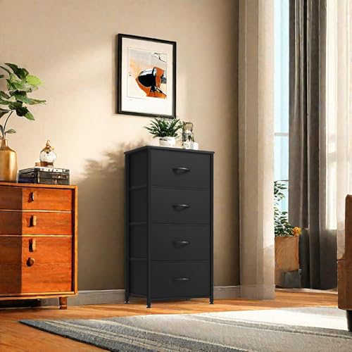 DWVO Storage Tower with 4 Drawers - Black Fabric Dresser, Organizer Unit for Room, Living Room, Closets - Sturdy Steel Frame, Easy Pull Fabric Bins & Wooden Top