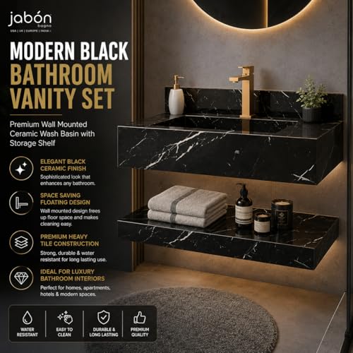 Image of BANZER JABON BAGNO Without Mirror Bathroom Vanity Set with Ceramic Wash Basin & Storage Shelf | Wall Mounted Bathroom Vanity Cabinet | Black Ceramic Heavy Tile Finish | 60x50cm