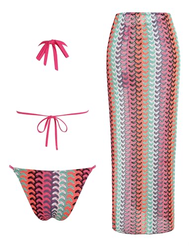 Image of ZAFUL Women's 3 Piece Floral Swimsuit Draped Neck Halter Bikini Tie Side Bathing Suit with Sheer Cover Up Skirt