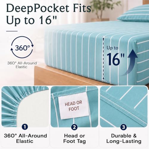 Image of Queen Size Striped Sheets, Deep Pocket Soft & Cooling Bed Sheet Set, 4PC