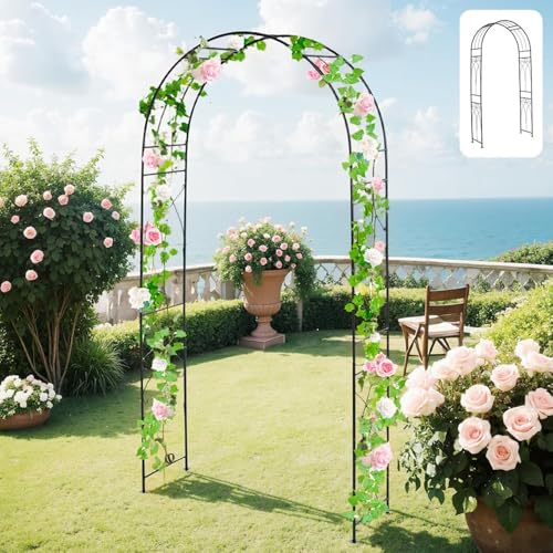 Vilom ガーデンを魅力的に演出!優雅デザインのフラワーアーチ。スチール製で粉体塗装済み、強風雨に耐える高耐久性。バラやタンポポなど植物を絡ませ四季折々の表情を楽しめ、植物なしでも可愛らしく飾れる上品デザイン。地面しっかり固定で安定感 組立簡単でガーデニ