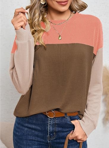 Image of Dokotoo Womens Tops Fashion 2026 Color Block Long Sleeve Shirts for Women Crewneck Knitted Casual Loose Blouses