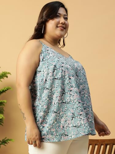 Image of Women Plus Size Navy Blue Floral Print Shoulder Strap A-line Top & Tunic 2XL /3XL /4XL /5XL /6XL /7XL /8XL