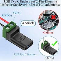 QIANRENON USB C 2 Pin Lötfreier Adapter Solderless Socket USB Typ C Buchse auf 2Pin Klemmenblock Lötfrei Aufladen Anschluss 5V3A für DIY Reparatur Ersetzen USB C Port (Keine Datenübertragung), 4Pcs – Ansicht 2