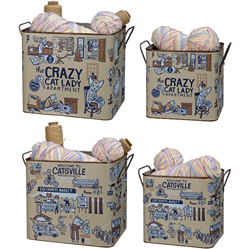 Primitives-by-Kathy-Set-of-2-Double-Sided-Galvanized-Metal-Bins-Crazy-Cat-Lady-Welcome-to-Catsville Primitives by Kathy Set of 2 Double Sided Galvanized Metal Bins Crazy Cat Lady Welcome to Catsville