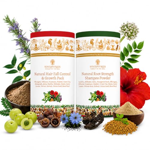 Image of Natural Hair Care Combo | Hair Fall Control & Growth Pack + Root Strength Shampoo Powder | 100% Ayurvedic Hair Care Kit for Hair Strength, Scalp Nourishment & Gentle Cleansing | Rosemary, Hibiscus, Bhringraj & Ayurvedic Herbs | Sulphate & Paraben Free | Men & Women | 400g (Pack of 2)