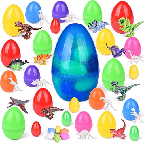 FUN LITTLE TOYS 25 PCs Building Block Dinosaur Toys Prefilled Easter Eggs, Easter Basket Stuffers Kids Party Favors Party Supplies, Goodie Bag Fillers and Kids Prizes