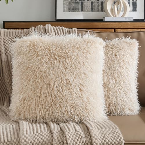 FUTEI Pack of 2 Shaggy Mongolian Faux Wool Throw Pillow Covers 18x18 Inch Soft Fluffy Farmhouse Decorative Cushion Case for Couch Bed Living Room Beige