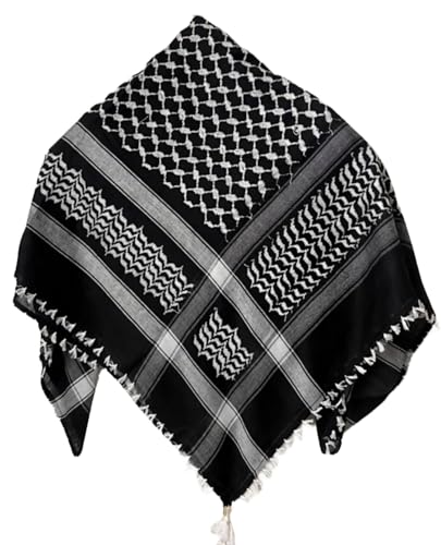 AllKindGifts Palestine Keffiyeh Shemagh Unisex Scarf 48x48 Cotton Arafat Hatta Arab Style Scarf With Long Tassle (White-Black)