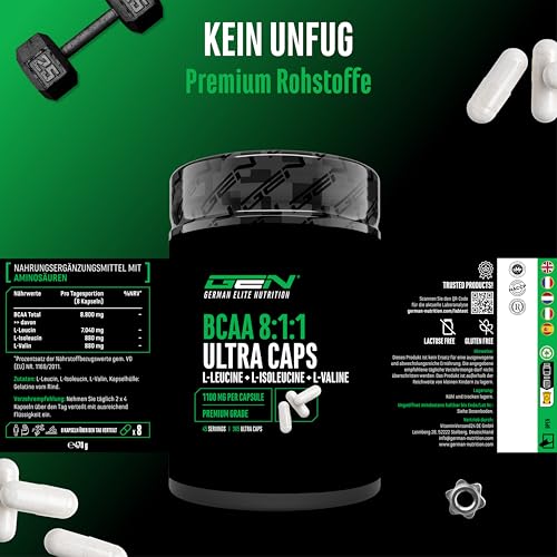 BCAA Ultra Caps - 365 Kapseln mit hochdosierten 1100 mg pro Kapsel - Optimales 8:1:1 Verhältnis - Leucin, L-Isoleucin, L-Valin - Verzweigtkettige essentielle Aminosäuren – Bild 6