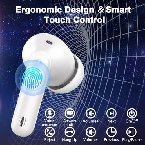 Image of Wireless Earbuds, Bluetooth 5.4 Headphones, Bluetooth In Ear Buds Earphones | 50H Playtime LED, Stereo Bass, 4 Noise Cancelling Mics, IP7 Waterproof Sports, USB C Charging White Ear Buds for Android iOS