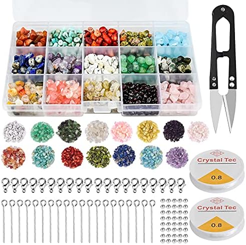 893 PCS Irregular Gemstone Beads Crushed Kit 15 Colors Natural Chips Stone Beads Ear Hook Lobster Clasp Loose Gemstones Healing Crystal for Jewelry Making Necklace Bracelet Earring DIY Crafts Supplies