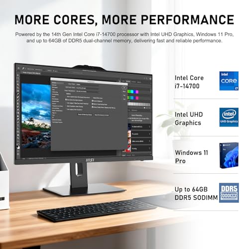 Image of msi PRO i7 Business All-in-One Desktop, 23.8 inch IPS FHD 100Hz Eye-Care Display, Intel Core i7-14700, 32GB DDR5, 1TB SSD, IR FHD Webcam, Wi-Fi 6E, HDMI, DP, AI PC, Wireless KB & Mouse, Windows 11 Pro
