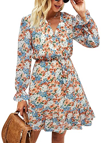 KIRUNDO Women Casual Summer Fall Dresses Long Sleeve Floral Wrap V Neck High Waist Ruffle Tiered A Line Flowy Mini Dress
