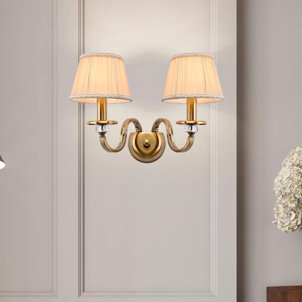 Wandleuchte aus antikem Messing, Retro-Stil, rustikaler Stil, mit Lampenschirm aus Plissee-Stoff, Mitte des Jahrhunderts, aus Kristall, E14, dekorative Lampe für Schlafzimmer, 2 Kopf