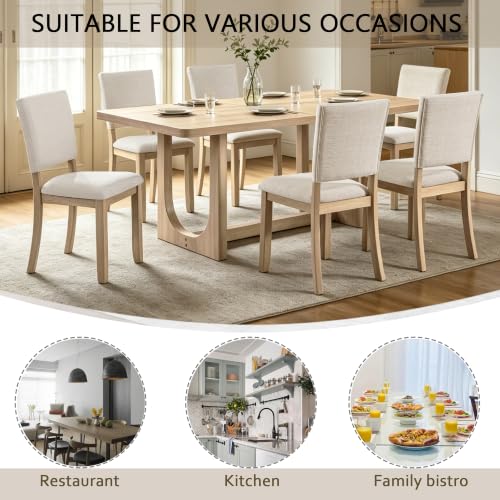Image of KEIKI 7-Piece Standard Height Dining Table Set with Rectangular Table, 6 Upholstered Curved Backrset Chair, for 6 Person, Modern Style Table Set, Easy Assembly, for Kitchen, Dining Room, Light Oak