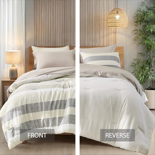 Regency Heights Twin Size Striped Comforter Set, Soft Microfiber Reversible Bedding Sets for All Season 5 Pieces Neutral Bed in A Bag Set with Comforter, Sheets, Pillowcase & Sham - image 3