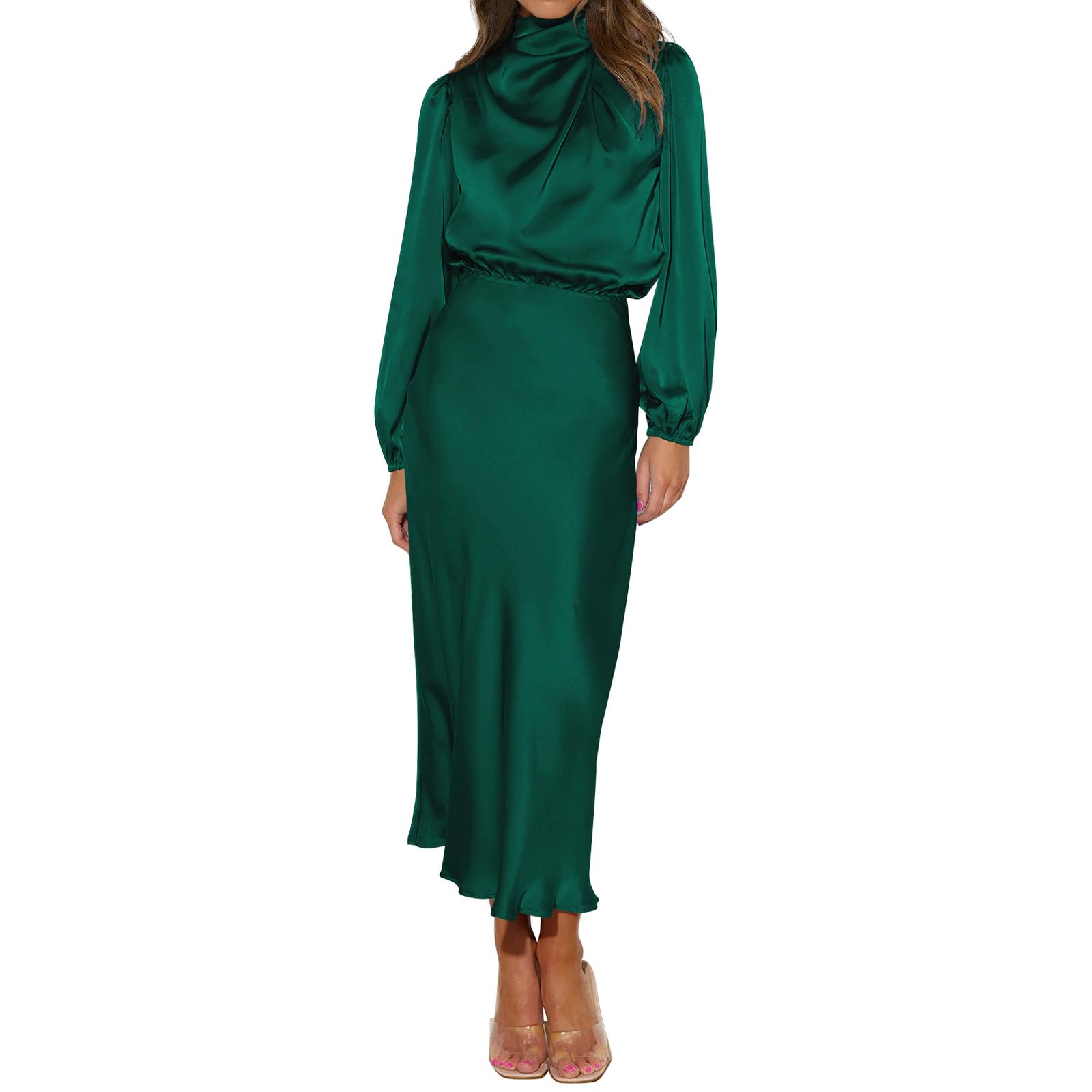 IWEMEK Vestido de noche de satén de manga larga con cuello alto para mujer, vestido de cóctel, vestido de fiesta, dama de honor, invitado de boda, cintura elástica, otoño e invierno